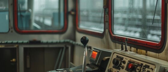 The interior of a train cab shows an array of controls and levers, conveying the complexity and function behind rail transportation.