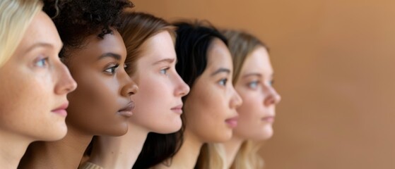 Obraz premium A diverse group of women poses in profile against a neutral background, celebrating unity and individuality through harmonious diversity.