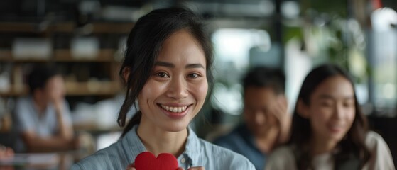 A woman joyfully presents a red heart, exuding warmth and connection amidst a cozy caf&eacute; backdrop with friends.