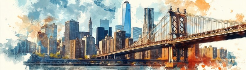 Obraz premium Skyscraper city framed by a bridge, modern architecture meeting classic design, watercolor style