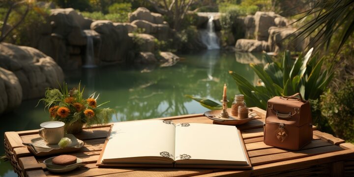 A peaceful setting by a serene pond, complete with a captivating waterfall, invites introspection with an open book, a cup of tea, and a charming antique suitcase.