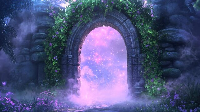 Large archway adorned with purple flowers under purple sky in green garden. Scenic garden concept.