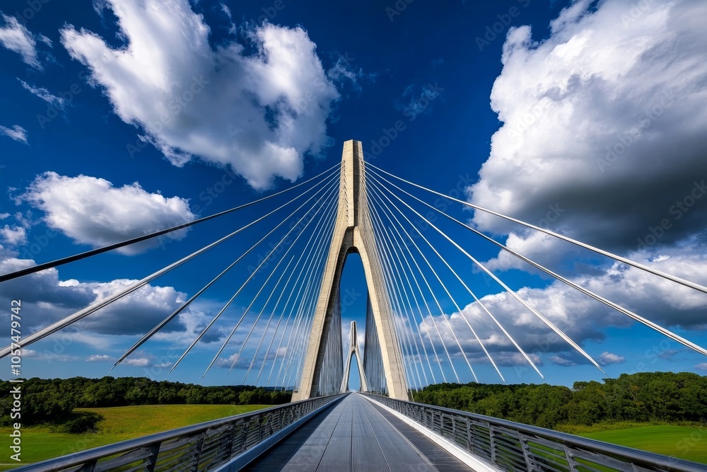 Poster A realistic blueprint of a large suspension bridge showing the intricate network of cables, foundations, and support structures, highlighting the engineering precision in civil engineering,