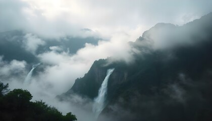 Majestic Waterfall Cascading Through Misty Mountains