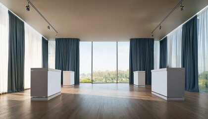 Obraz premium Display stands in a modern interior exhibition space with curtains and large windows. 3D Rendering