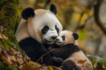 Obraz premium A mother panda embracing her baby in a serene forest. The gentle bond between them shows warmth and tenderness. Nature captured beautifully in a playful style. Generative AI