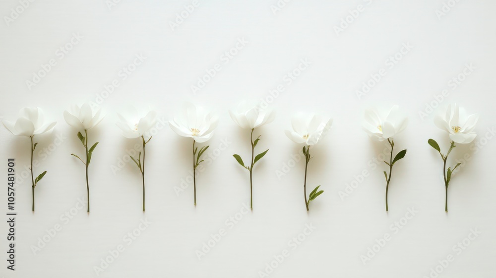 Poster a row of white flowers arranged on a light background, showcasing simplicity and elegance.