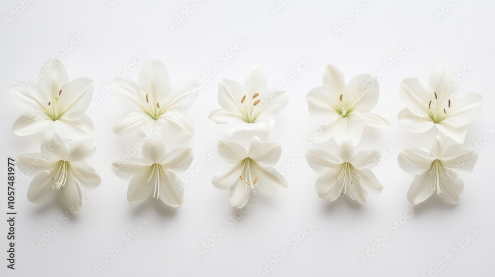 Poster a row of white lilies arranged symmetrically on a light background.
