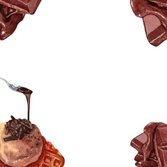 Square frame hand-painted watercolor illustration of a croffle topped with chocolate and ice cream.