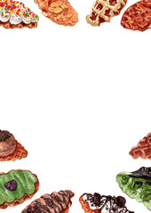 Vertical frame watercolor illustration of a croffle topped with chocolate, matcha, almonds, and various creams.