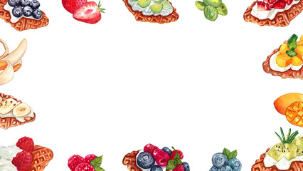 Croffle topped with fruit Horizontall frame watercolor illustration