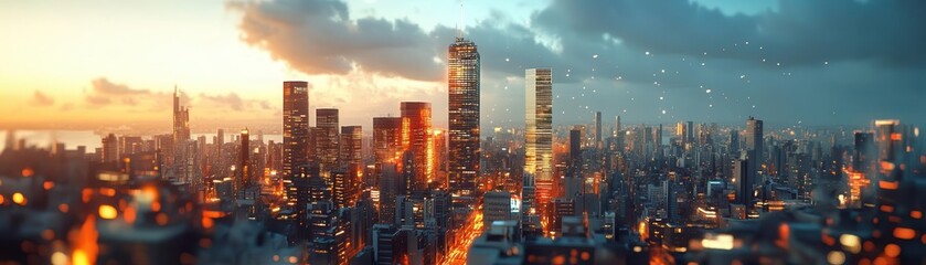 Skyscraper city made of light, glowing structures, ethereal design, surreal luminous landscape