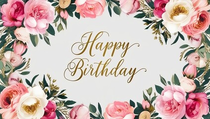 Elegant Floral Frame with Gold Calligraphy 'Happy Birthday' for a Classy, Feminine Touch