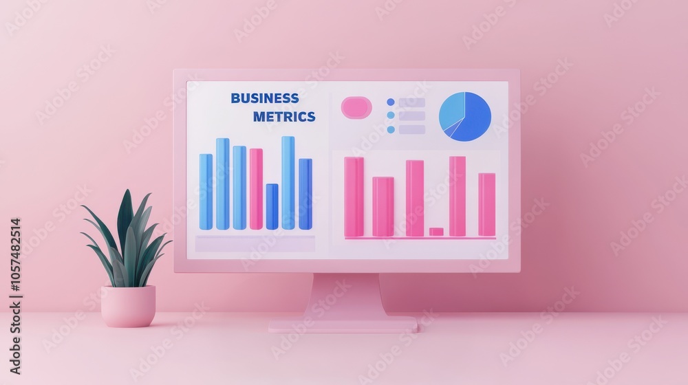 Poster a pink-themed workspace featuring a computer display with colorful business graphs and a small plant