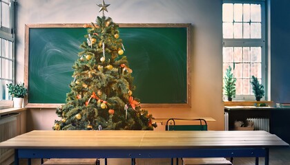 Christmas tree at school classroom next to chalkboard