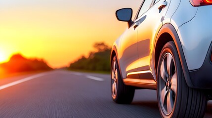 Naklejka premium Closeup view of a modern silver automobile glimmering under the warm ethereal light of a sunset along an open scenic roadway