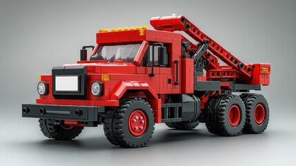 A 3D model of a toy tow truck with a blank label on the crane.