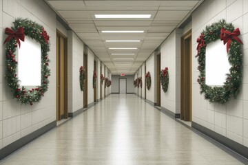 Festive hallway decorated with wreaths and bows during the holiday season in a commercial building