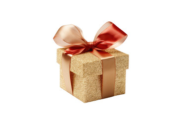 Obraz premium Elegant gold glitter gift box adorned with a red ribbon, placed on a white background