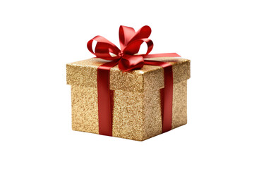 Obraz premium Elegant gold glitter gift box adorned with a red ribbon, placed on a white background