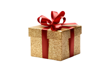 Elegant gold glitter gift box adorned with a red ribbon, placed on a white background