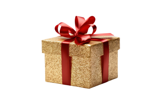 Elegant gold glitter gift box adorned with a red ribbon, placed on a white background