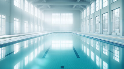 Empty Indoor Minimalist Swimming Pool with Crystal Clear Light Blue Water, White and Light Blue Colors, Surrounded by Calm Serenity