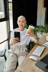 A fashionable young bald woman, dressed elegantly, multitasks with her coffee and smartphone.