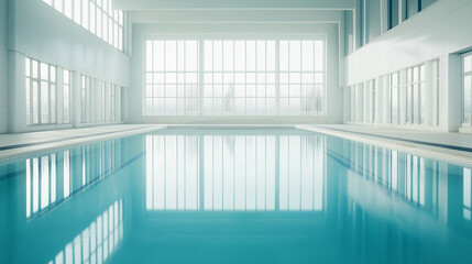 Obraz premium Empty Indoor Minimalist Swimming Pool with Crystal Clear Light Blue Water, White and Light Blue Colors, Surrounded by Calm Serenity