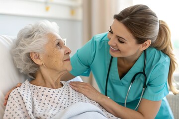Fototapeta premium Caring nurse comforts elderly patient by holding her hand, showing warmth and compassion. Emotive moment in a hospital setting, symbolizing patient care.