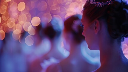 The audience blends together in a soft blur creating a serene backdrop for the ballet dancers.