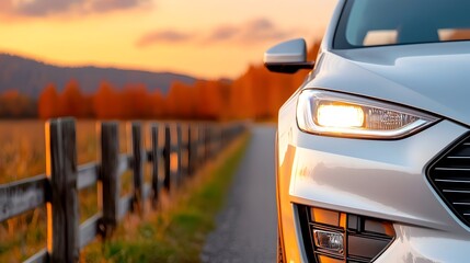 Fototapeta premium Closeup of the sleek shiny silver body and headlights of a luxury car with the warm colors of the setting sun beautifully reflected on the smooth surface of the road