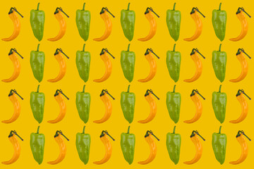 Vibrant arrangement of peppers and bananas