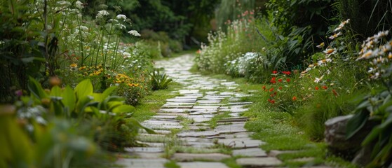 A serene garden path, lined with lush greenery and vibrant wildflowers, invites a peaceful stroll amidst nature's splendor.
