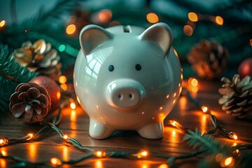  Close-up of a white piggy bank surrounded by Christmas lights, pine branches, and holiday decorations, representing festive financial goals.