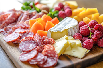 Delicious charcuterie board with assorted cheeses, meats, and fresh fruits