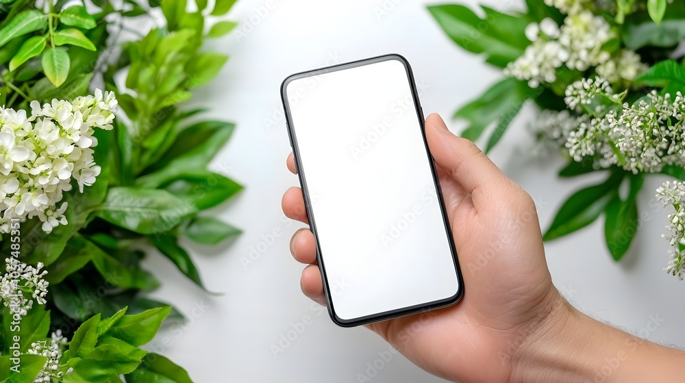 Poster closeup of a human hand holding a modern smartphone with a blank white display screen set against a 