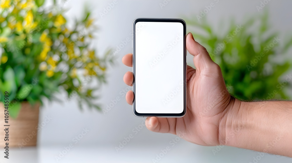 Fototapete closeup shot of a human hand firmly gripping the side of a white smartphone with a blank empty displ