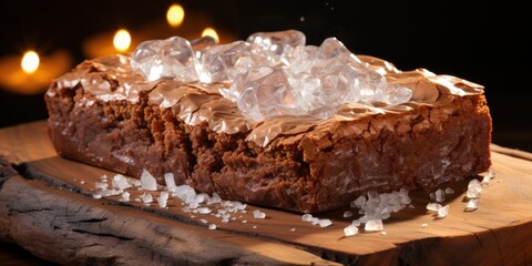 Fototapeta premium A close-up of a fudgy brownie, topped with ice and sprinkled with sea salt, against a dark background with candlelight reflections.