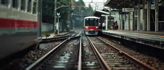 Obraz premium A train approaches a busy station, merging modernity with movement as tracks converge under a cloudy sky.