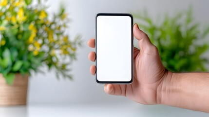 Closeup shot of a human hand firmly gripping the side of a white smartphone with a blank empty display against a pure white background  Minimalist modern and simple product or device mockup scene