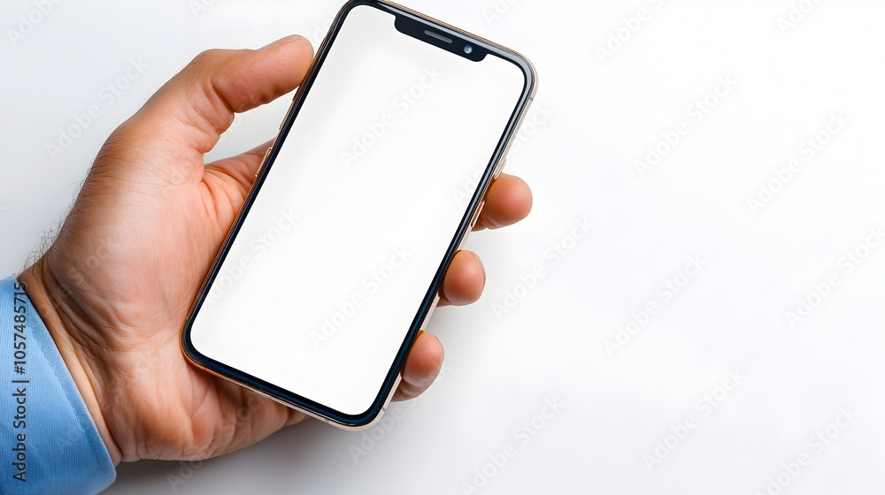 Aufkleber Close up Side View of a Hand Gripping a Smartphone from the Side Showing the Blank White Screen of the Device Placed on a Plain White Background with Copy Space