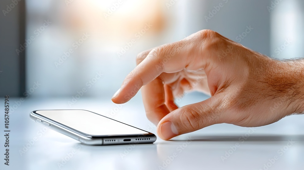 Fototapete close up shot of a human hand swiping across a smartphone screen that is entirely white set against 