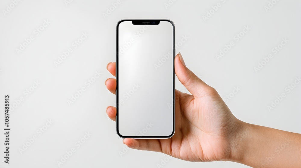 Fototapete horizontal mockup of a human hand holding a white mobile phone device with a pure white screen set a