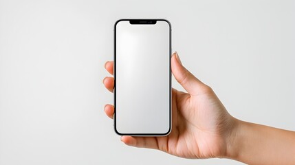 Horizontal mockup of a human hand holding a white mobile phone device with a pure white screen set against a plain white backdrop for product display or visual presentation