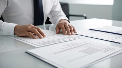 A focused professional reviews paperwork at a clean desk, showcasing attention to detail and diligence in a bright, modern workspace.