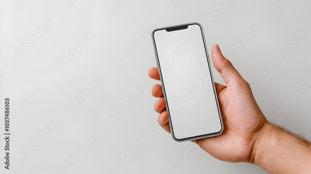 Poster horizontal mockup of a hand holding a mobile phone with a pure white screen set against a clean whit