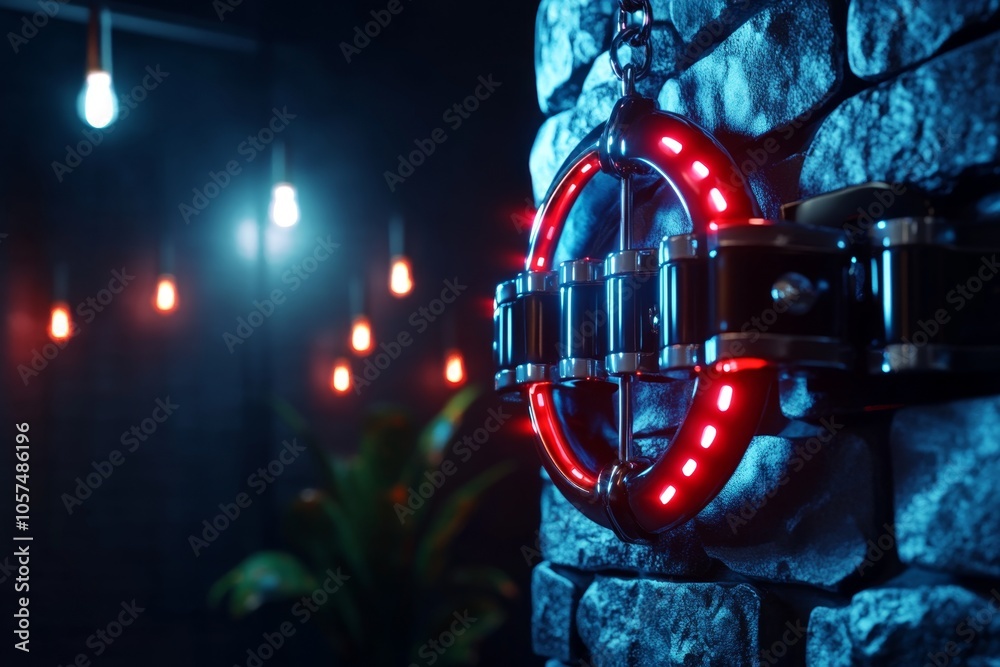 Poster Cyberpunk jail cell with neon lights and digital bars in a dark urban setting, capturing the high-tech and intense atmosphere of a futuristic confinement, symbolizing edge and control