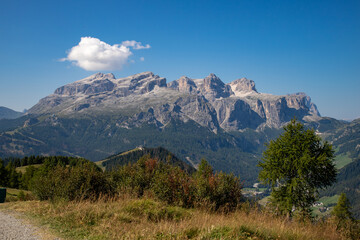 Panoramic view of Gruppo del Sella, Sellagruppe, seen from Piz Arlara over Corvara, Alta Badia, Dolomites , Trentino, Alto Adige, Sudtirol, South Tyrol, Italy