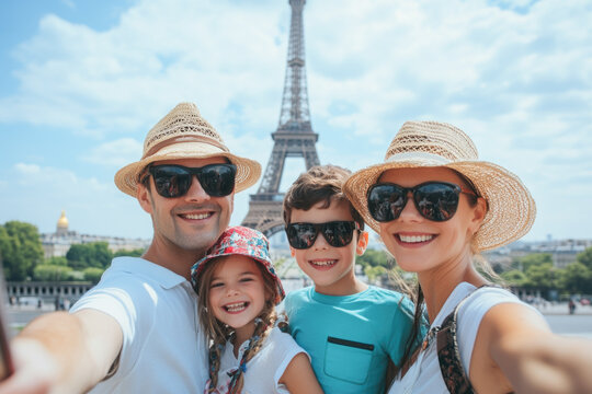 Happy family vacation in paris with eiffel tower background - summertime adventure and travel joy